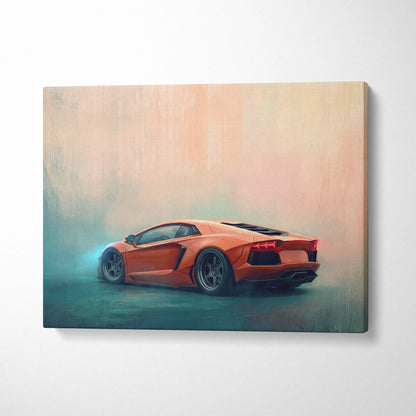 Lamborghini Aventador inspired car wall art canvas print featuring an orange sports car with glowing red taillights