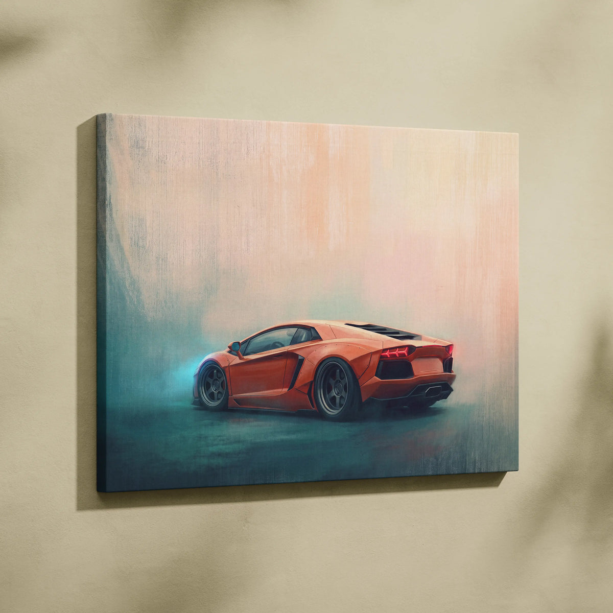 Orange Lamborghini Aventador inspired car wall art canvas print with sleek design black rims and glowing red taillights