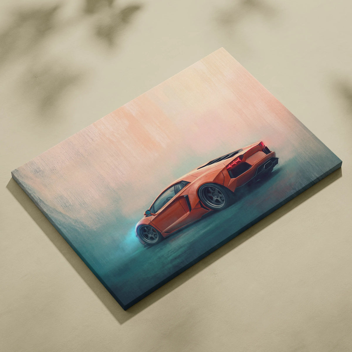Orange Lamborghini Aventador inspired sports car illustration printed on stretched canvas wall art track edition