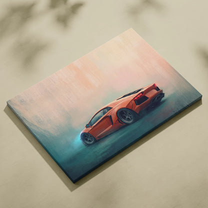 Orange Lamborghini Aventador inspired sports car illustration printed on stretched canvas wall art track edition