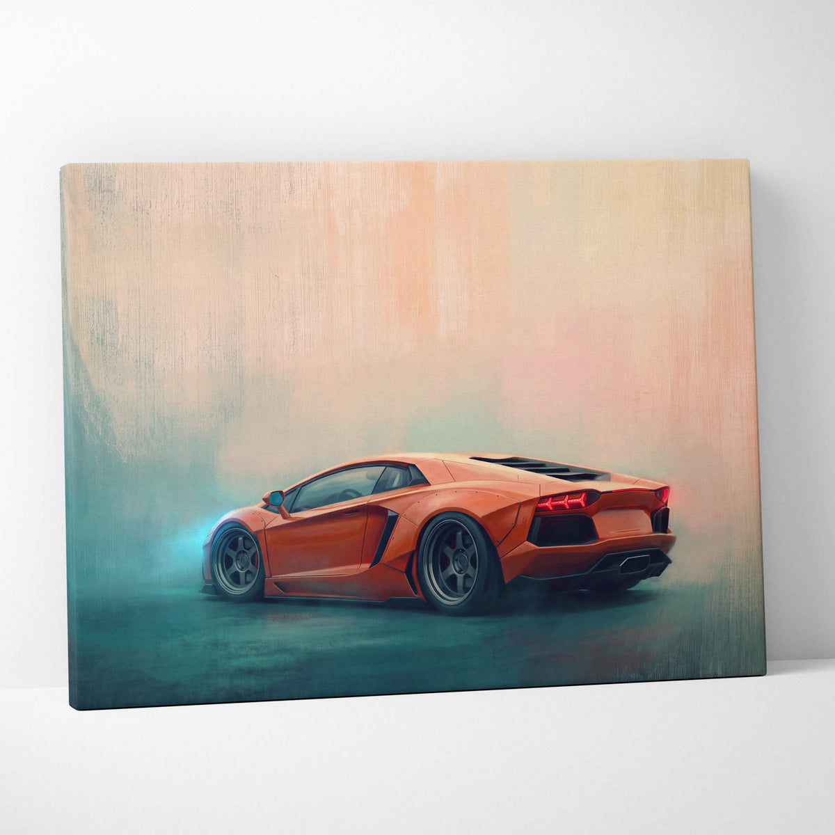 Orange Lamborghini Aventador canvas print featuring track edition car wall art for automotive decor