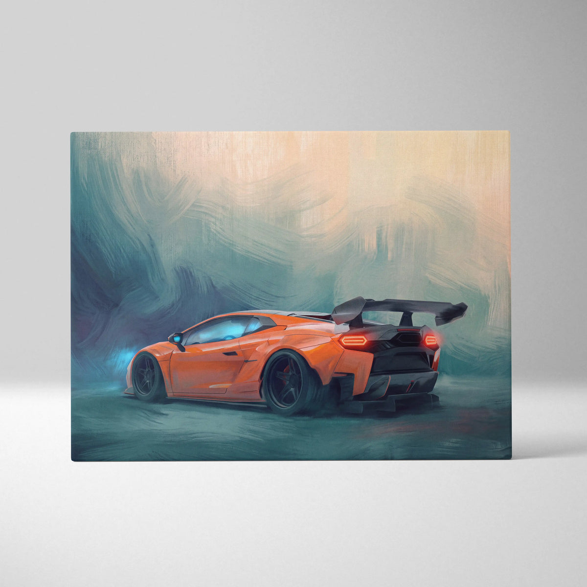 Custom lamborghini huracán inspired luxury supercar canvas print featuring a vibrant orange sports car with black accents