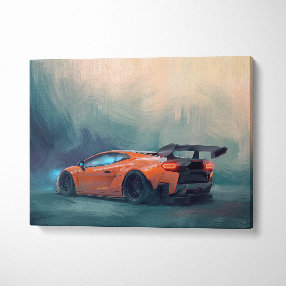 Custom lamborghini huracán inspired automotive wall art featuring a vibrant orange sports car with glowing red taillights