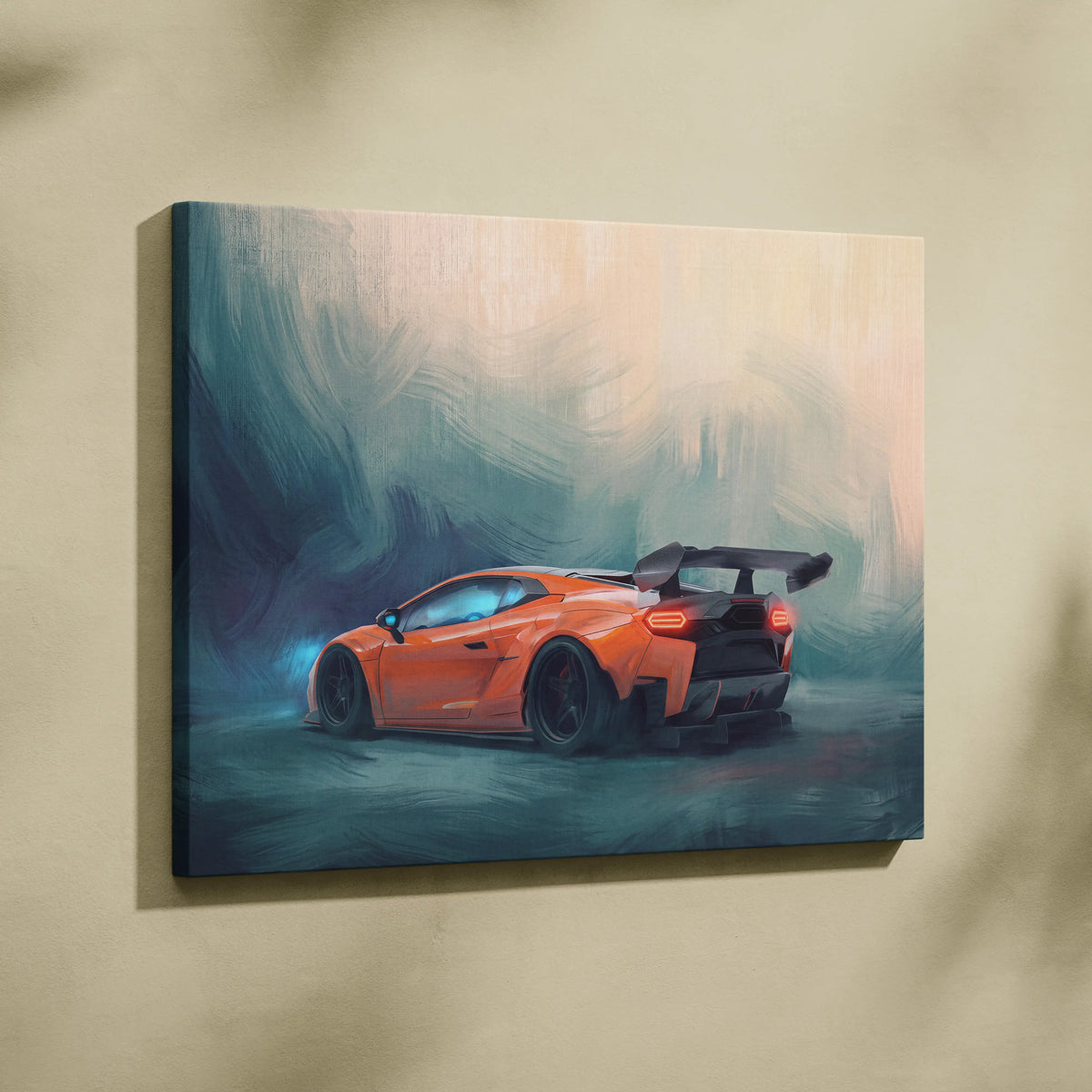 Custom Lamborghini Huracán inspired automotive wall art featuring a vibrant orange sports car on painterly canvas print