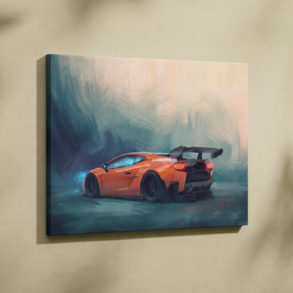 Custom Lamborghini Huracán inspired automotive wall art featuring a vibrant orange sports car on painterly canvas print