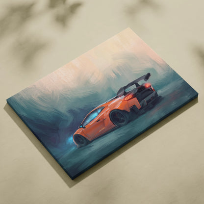 Custom lamborghini huracán inspired orange sports car canvas print with vibrant blue and gray stylized background