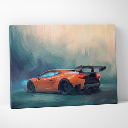Custom lamborghini huracán inspired automotive wall art featuring a vibrant orange sports car with glowing red taillights and rear spoiler