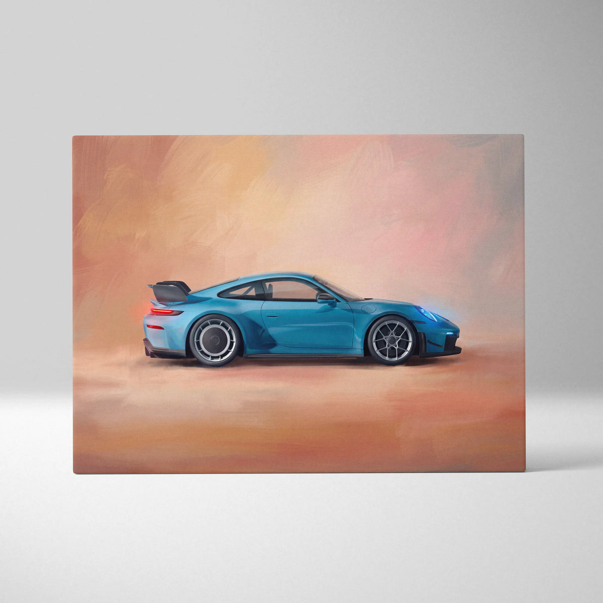 Porsche 911 GT3 RS inspired supercar canvas art featuring a vibrant turquoise sports car with sleek aerodynamic lines
