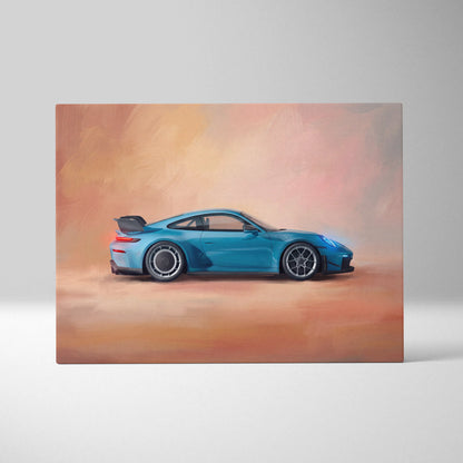 Porsche 911 GT3 RS inspired supercar canvas art featuring a vibrant turquoise sports car with sleek aerodynamic lines