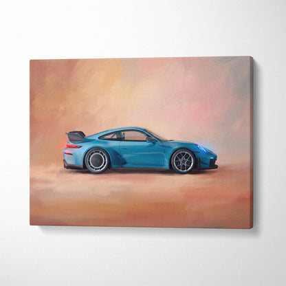A vibrant blue Porsche 911 GT3 RS inspired sports car on warm abstract canvas for custom car wall art print