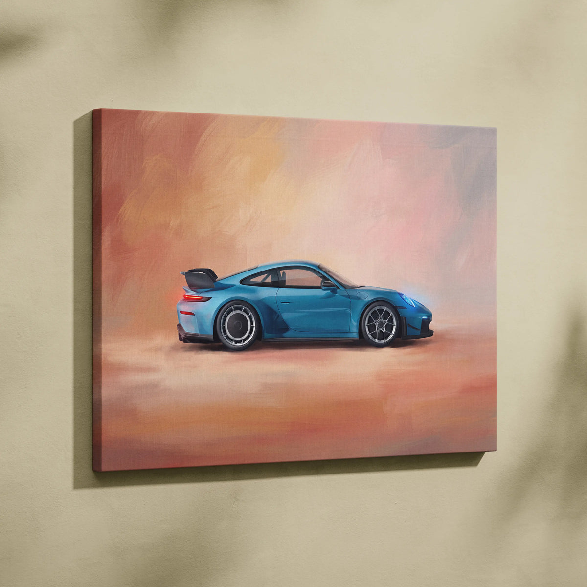 A vibrant blue porsche 911 gt3 rs inspired supercar in dynamic side profile on abstract canvas wall art print