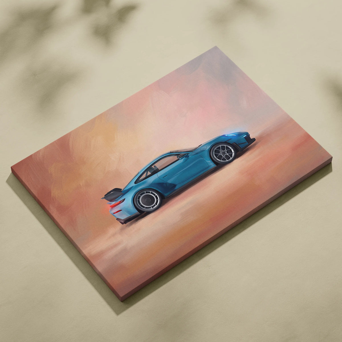 Porsche 911 gt3 rs inspired supercar canvas art featuring a vibrant blue sports car in dynamic side profile on warm background