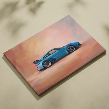 Porsche 911 gt3 rs inspired supercar canvas art featuring a vibrant blue sports car in dynamic side profile on warm background
