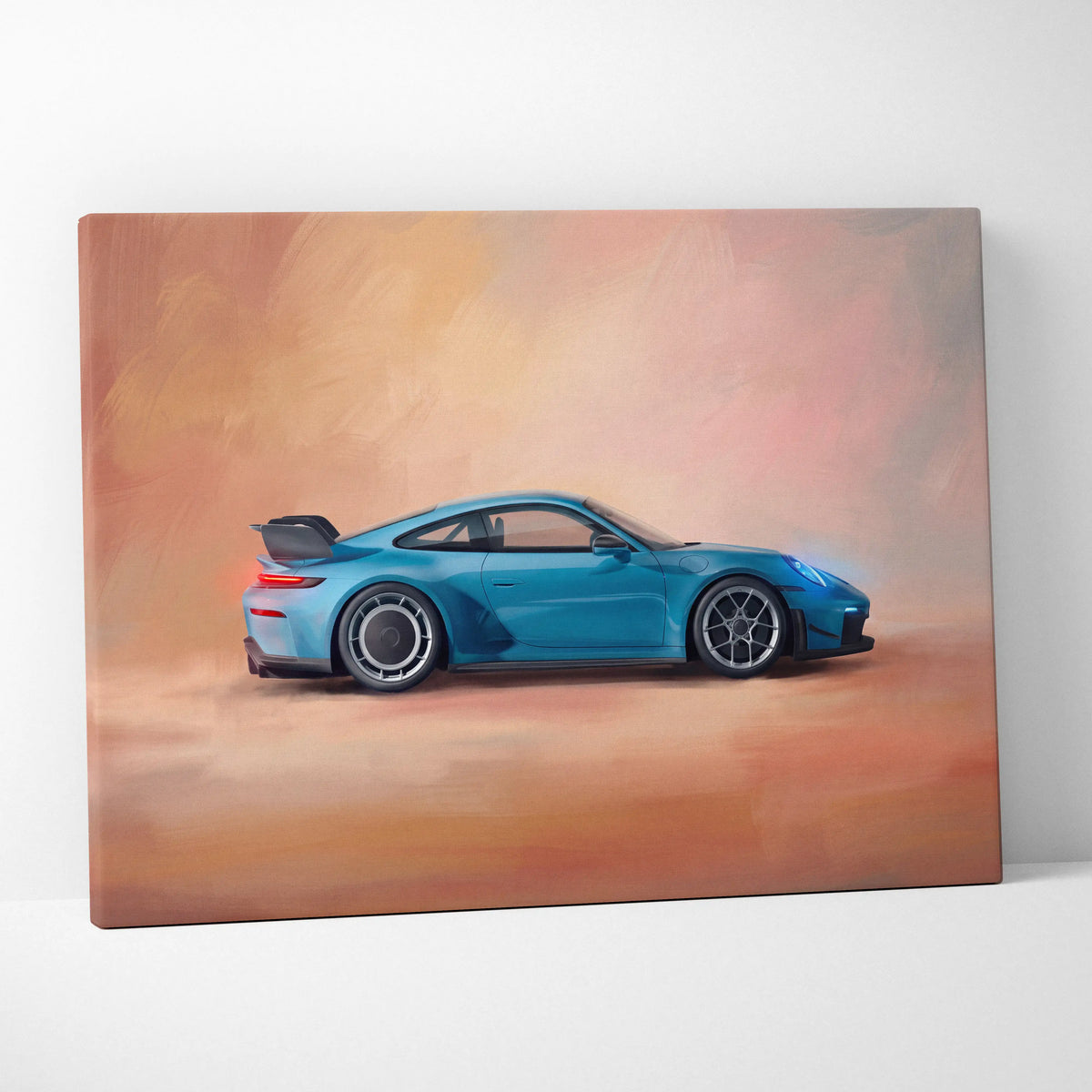 A vibrant blue Porsche 911 GT3 RS inspired supercar illustrated on a dynamic side profile canvas art print