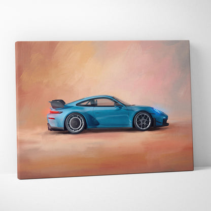 A vibrant blue Porsche 911 GT3 RS inspired supercar illustrated on a dynamic side profile canvas art print