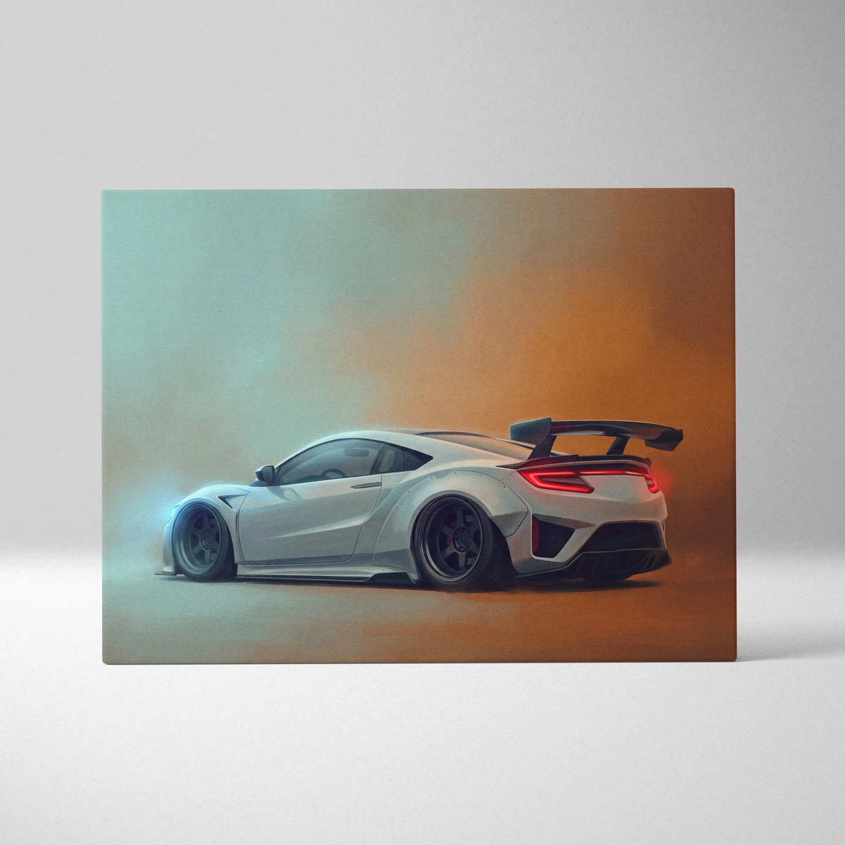 White Honda NSX sports car canvas print with glowing blue and red accents Acura NSX inspired wall art track edition