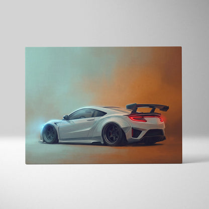 White Honda NSX sports car canvas print with glowing blue and red accents Acura NSX inspired wall art track edition