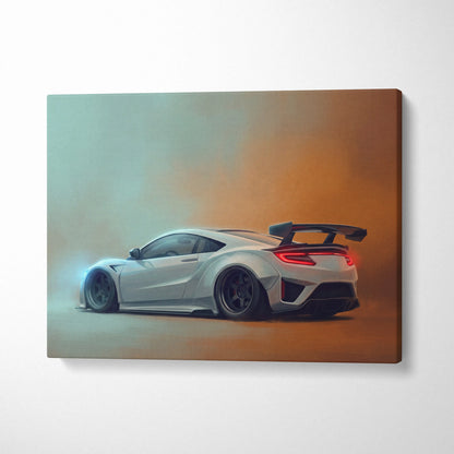 White acura nsx sports car canvas print showing rear with glowing red taillights and black spoiler track edition