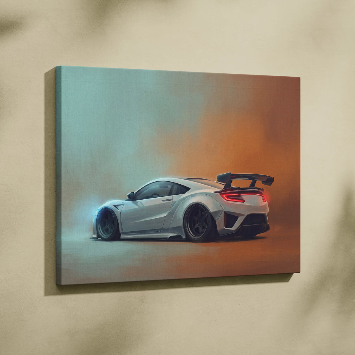 White Honda NSX sports car canvas print showing back with glowing red taillights and black rear spoiler wall art