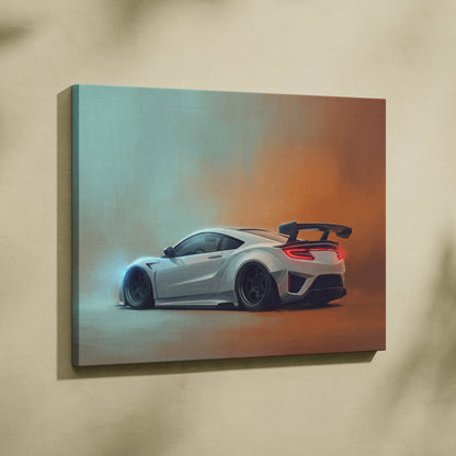 White Honda NSX sports car canvas print showing back with glowing red taillights and black rear spoiler wall art