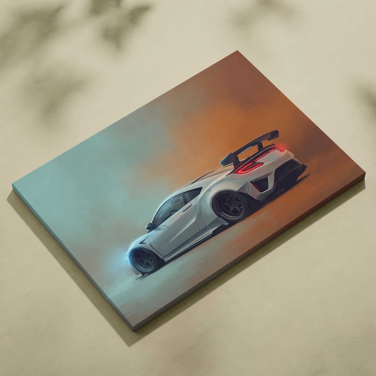 Acura nsx inspired white sports car canvas print with aerodynamic design glowing red taillights and black racing wheels