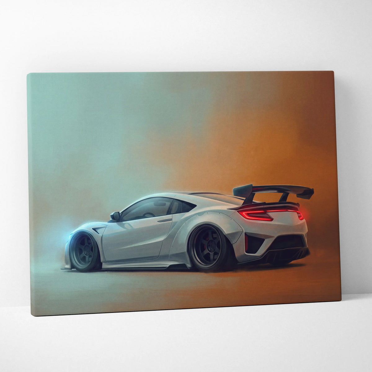 White Honda NSX sports car canvas print showing back with glowing red taillights and black rear spoiler wall art