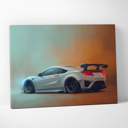 White Honda NSX sports car canvas print showing back with glowing red taillights and black rear spoiler wall art
