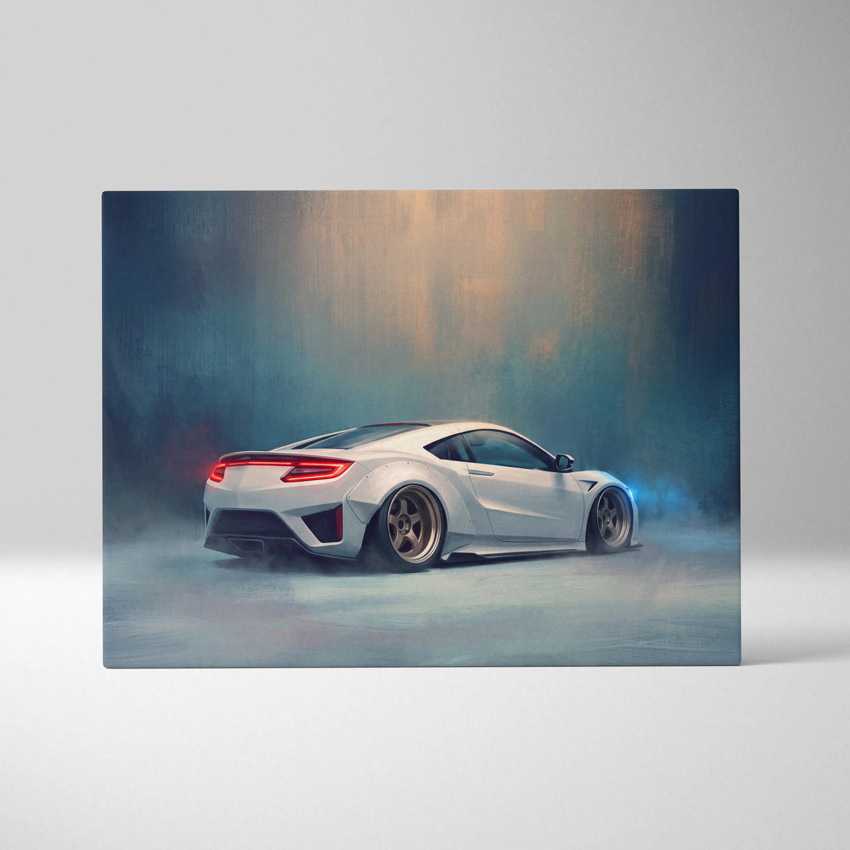 White acura nsx sports car with glowing red taillights and custom gold rims in stylized smoky canvas art wall decor