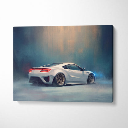 White acura nsx sports car canvas print showing back with glowing red taillights and custom alloy wheels for wall decor