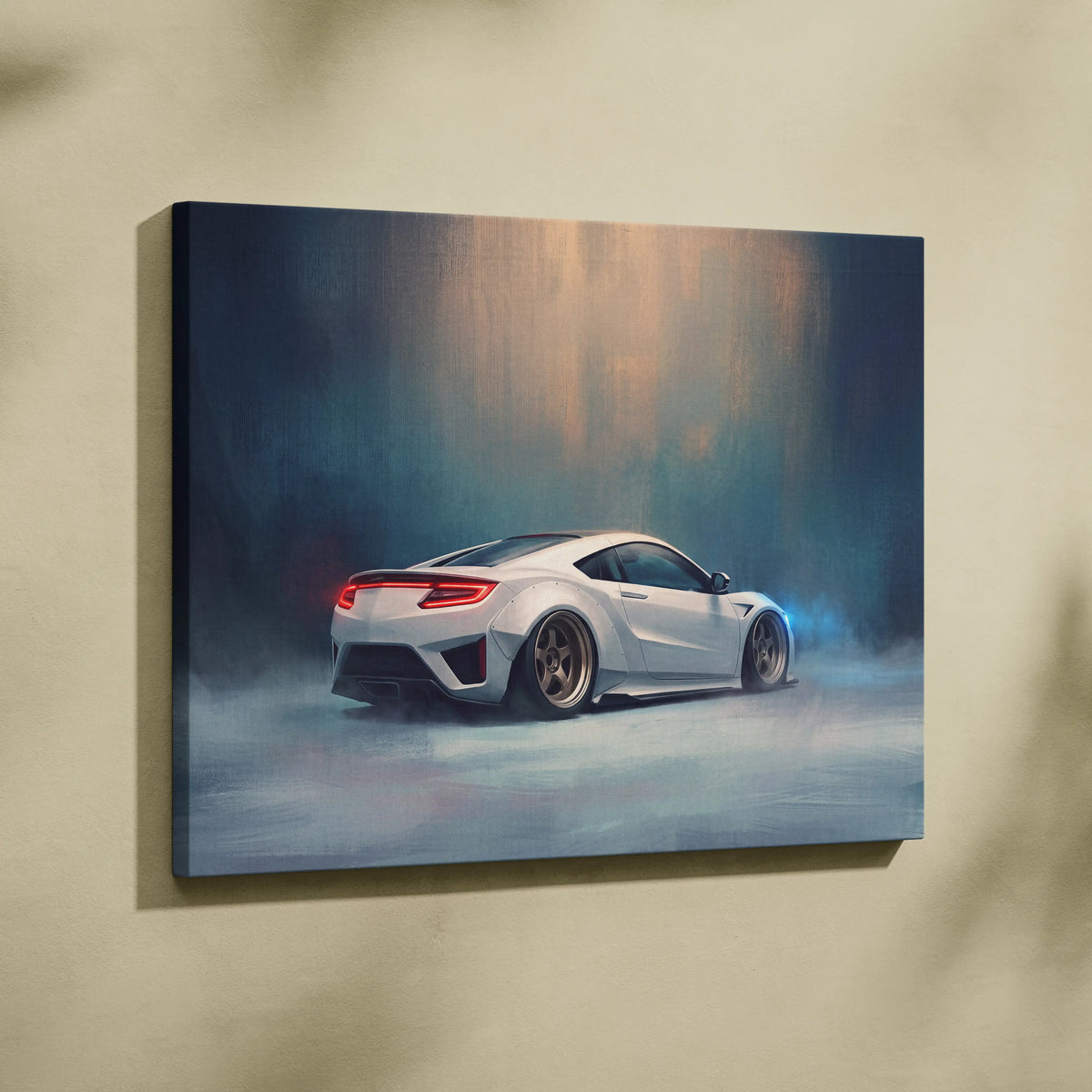 White acura nsx canvas art featuring glowing red taillights and blue smoke effects for premium wall decor