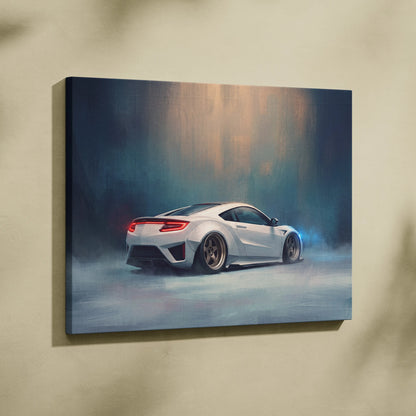 White acura nsx canvas art featuring glowing red taillights and blue smoke effects for premium wall decor