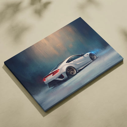 White acura nsx inspired sports car canvas art featuring dynamic drift scene premium automotive wall decor