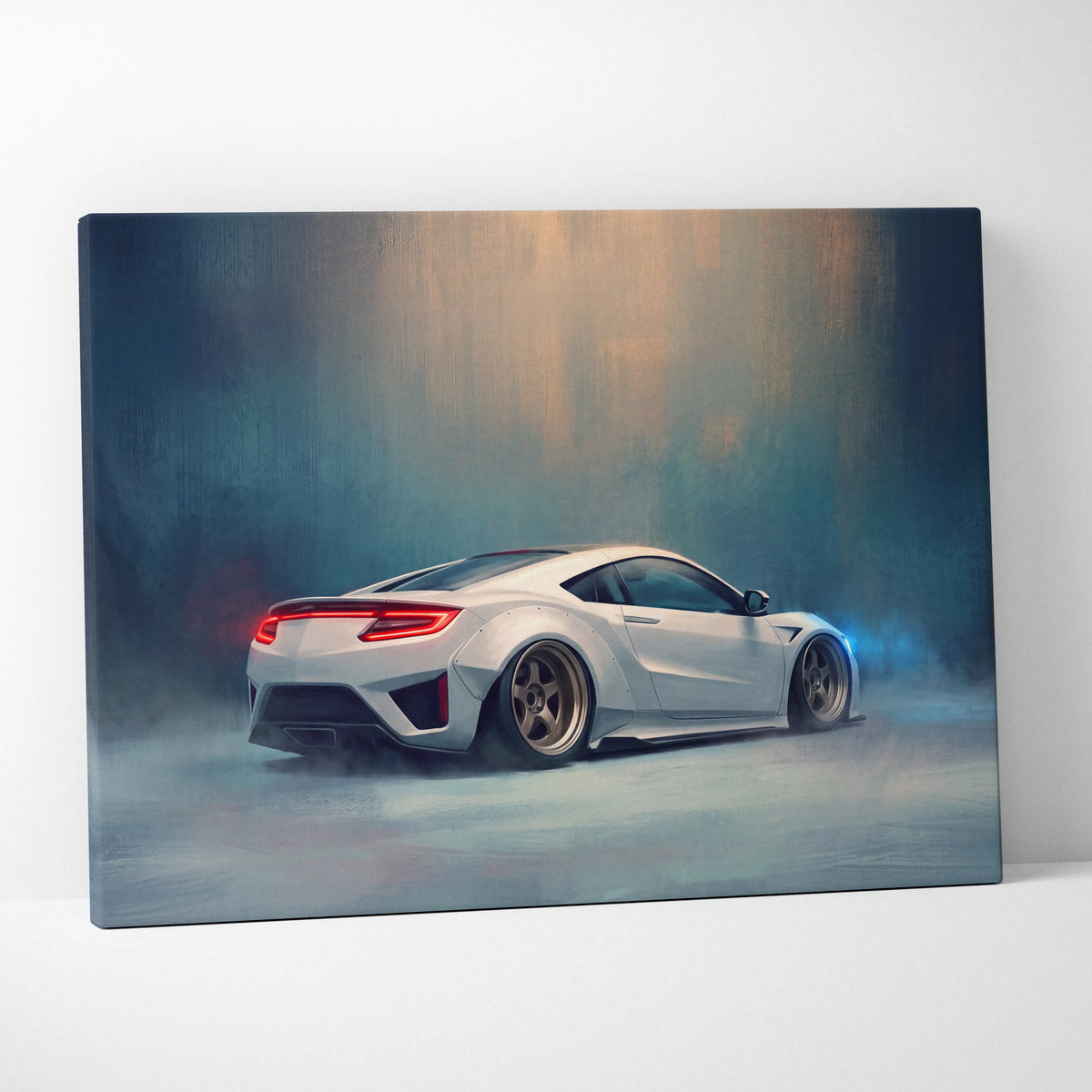 White acura nsx canvas art featuring glowing red taillights and custom alloy wheels for premium automotive decor