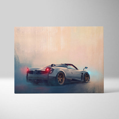 Silver pagani huayra bc roadster canvas print with red taillights and gold rims in stylized automotive wall art