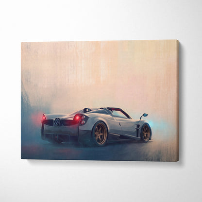 Silver pagani huayra bc roadster inspired canvas print with glowing red taillights and gold rims wall art