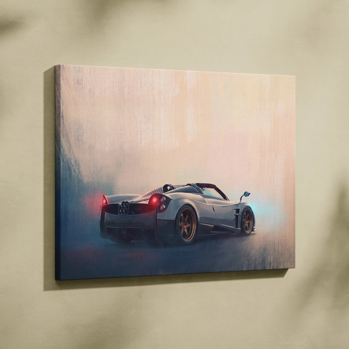 Silver pagani huayra bc roadster inspired luxury supercar canvas print wall art for automotive decor