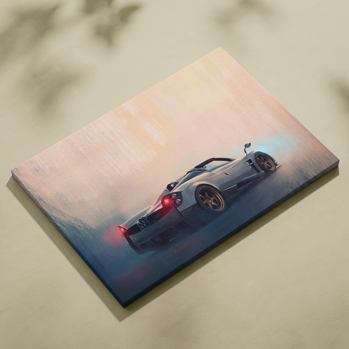 A sleek silver Pagani Huayra BC Roadster inspired sports car canvas print with glowing taillights and smoke trail