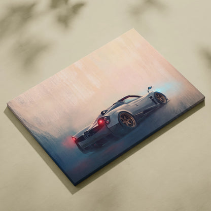 A sleek silver Pagani Huayra BC Roadster inspired sports car canvas print with glowing taillights and smoke trail