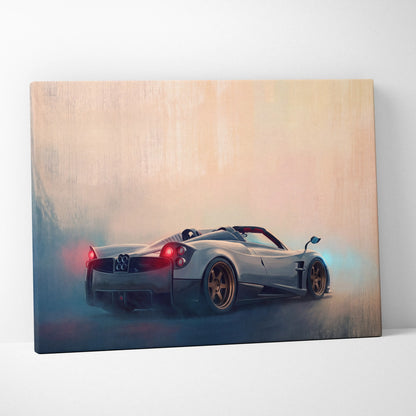 Silver Pagani Huayra BC Roadster inspired canvas print featuring glowing red taillights and gold rims automotive wall art