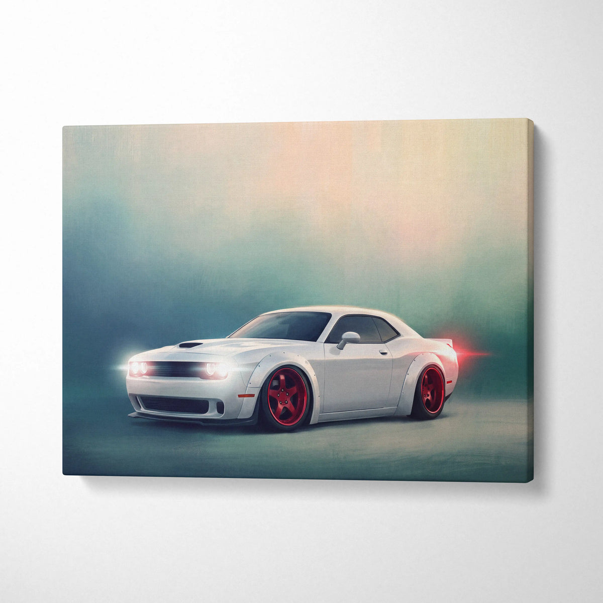 White dodge challenger with red rims on canvas print showcasing widebody muscle car automotive wall art
