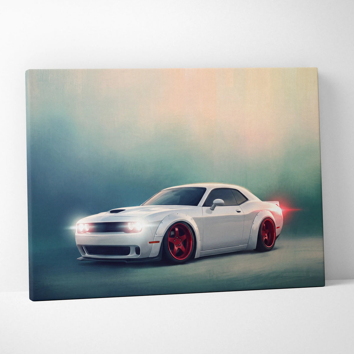 White dodge challenger with red rims widebody muscle car canvas wall art automotive decor print