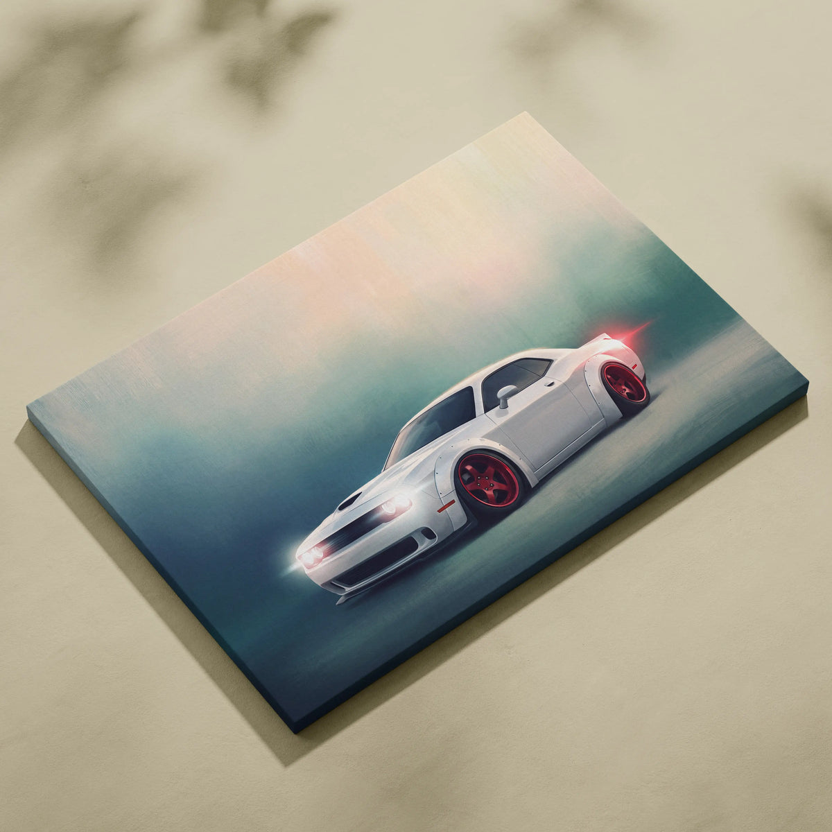 White dodge challenger widebody muscle car canvas print with red rims and glowing headlights automotive wall art