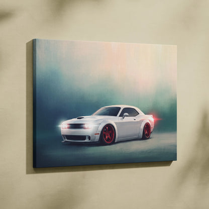 White dodge challenger canvas print with red wheels and glowing headlights for widebody muscle car wall art decor