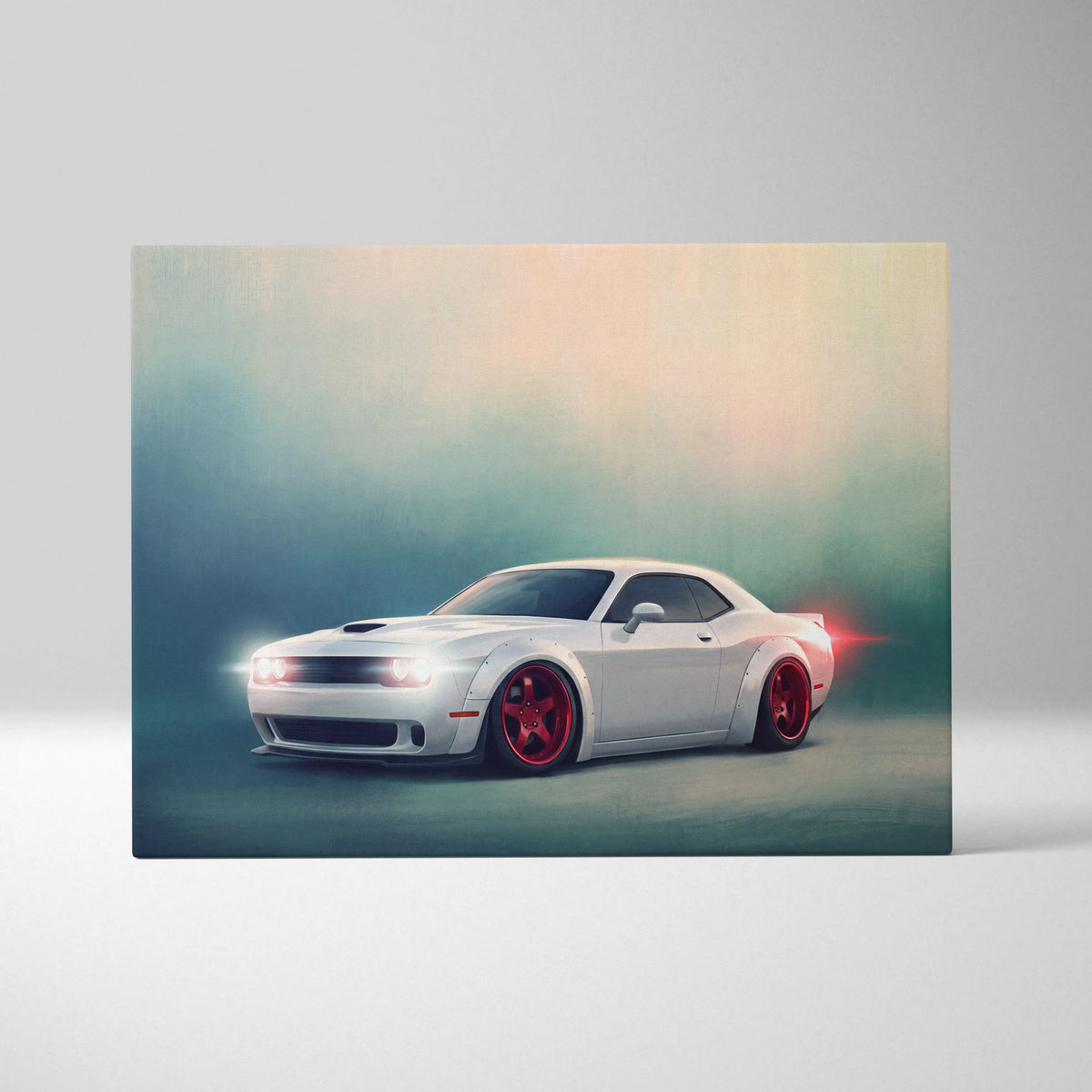 White dodge challenger with red rims on a widebody muscle car canvas print for automotive wall art decor