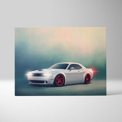 White dodge challenger with red rims on a widebody muscle car canvas print for automotive wall art decor