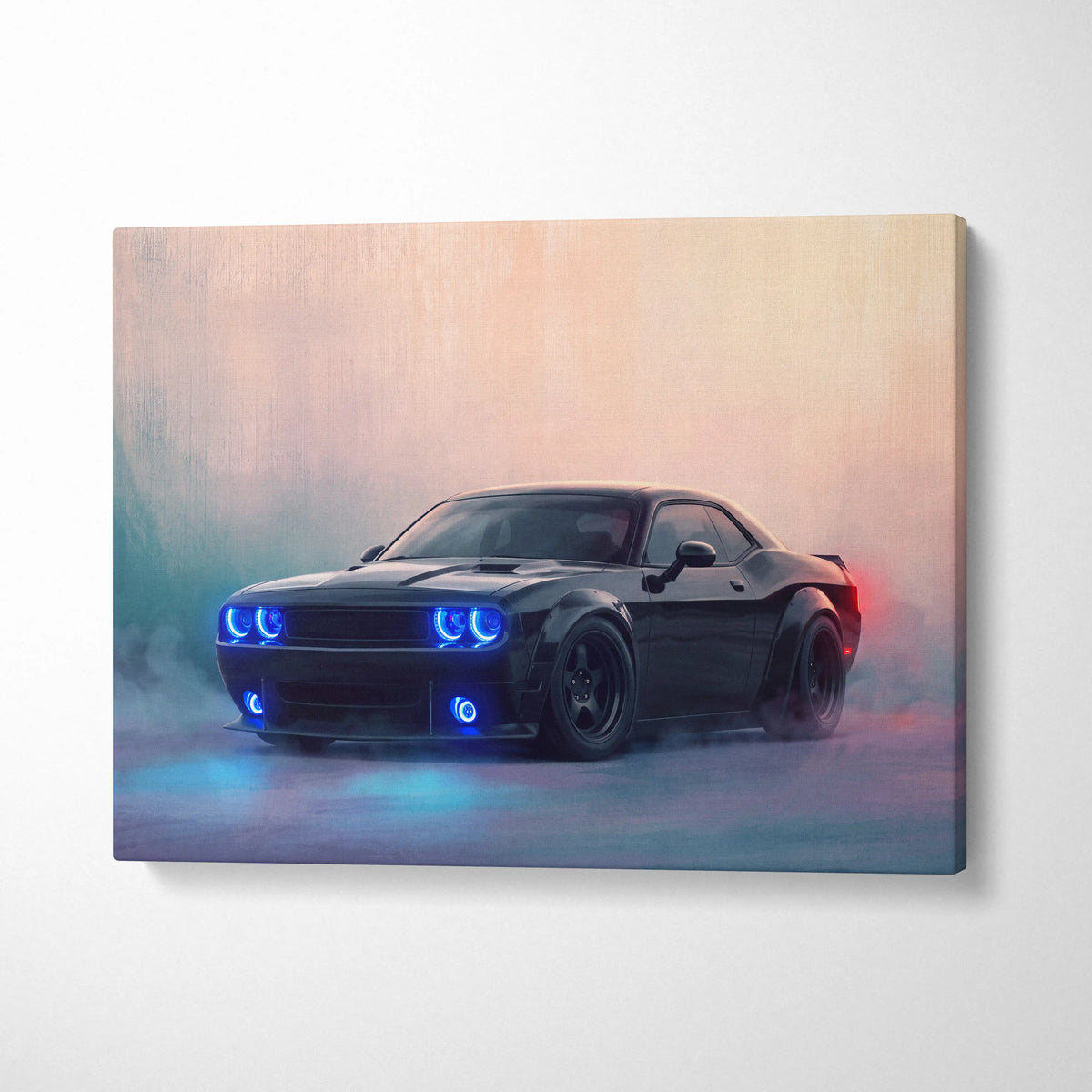 Black dodge challenger srt inspired automotive canvas art with glowing blue headlights and smoky background wall decor