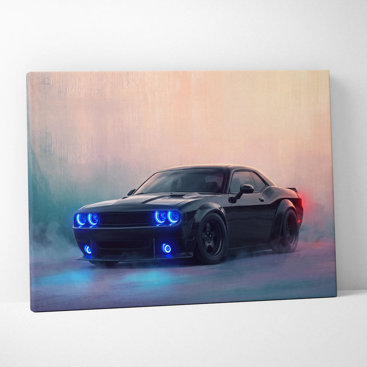 Black Dodge Challenger SRT inspired canvas art with glowing blue headlights and smoky atmospheric background wall decor