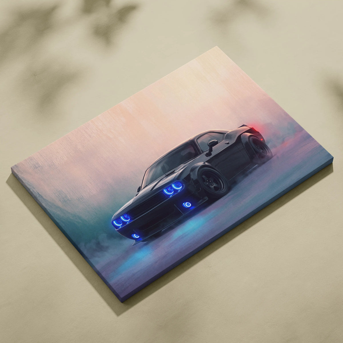 Black dodge challenger srt inspired automotive canvas art with glowing blue headlights and misty dynamic background