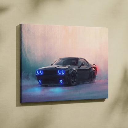 Black dodge challenger srt inspired canvas art with glowing blue headlights and smoky atmospheric background wall decor