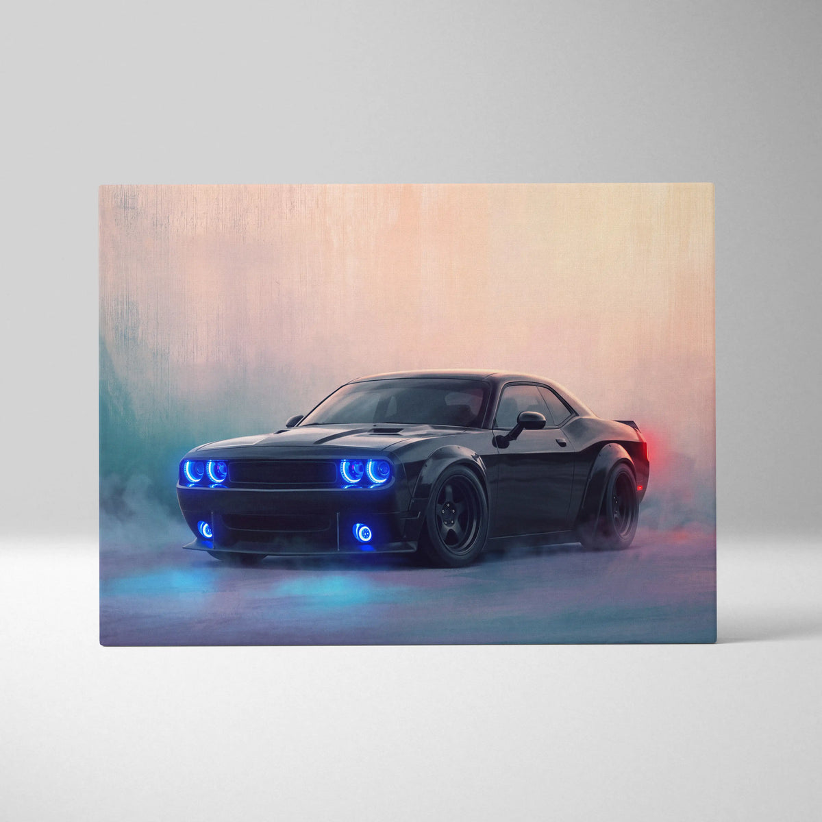 Black dodge challenger srt inspired automotive canvas art with glowing blue headlights and smoky atmospheric background